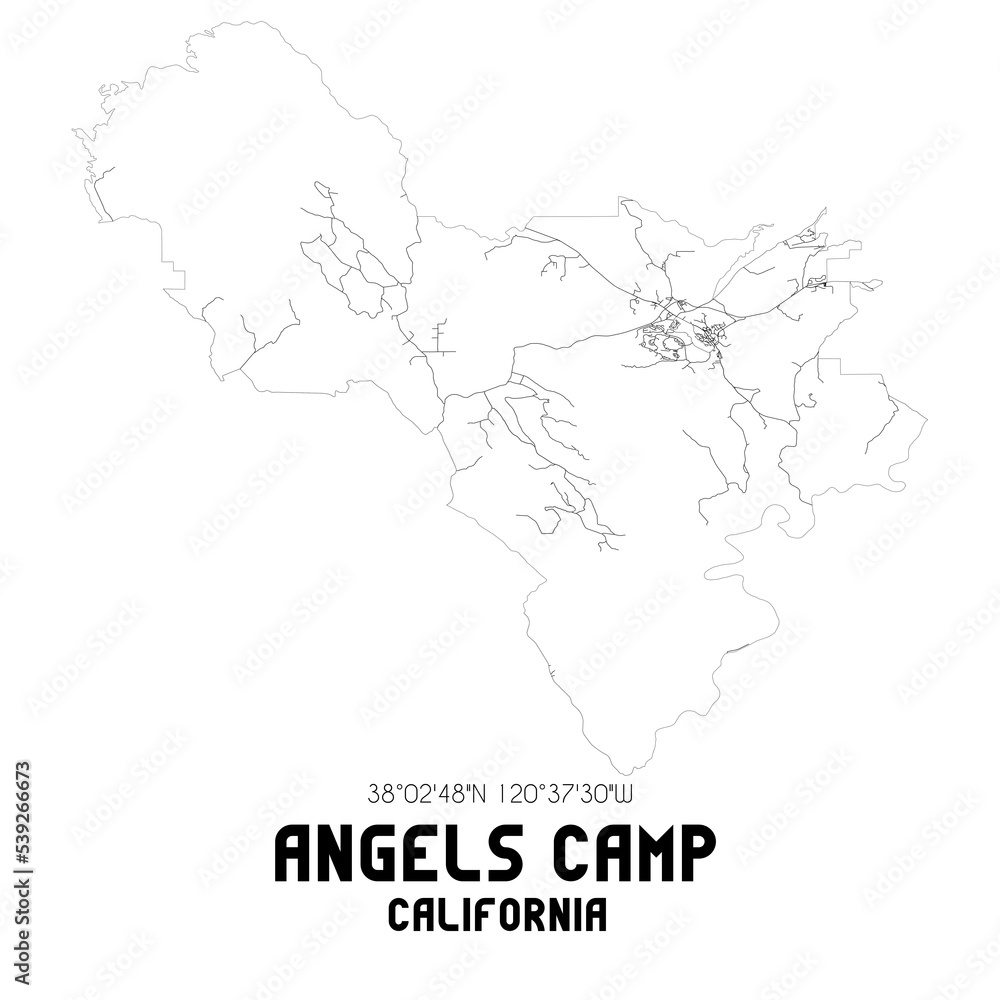 Angels Camp California. US street map with black and white lines.