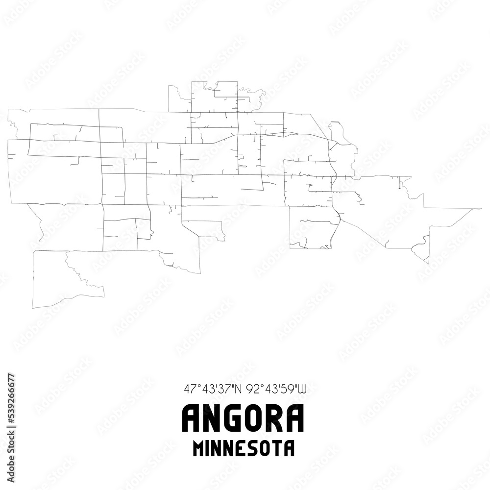 Angora Minnesota. US street map with black and white lines.