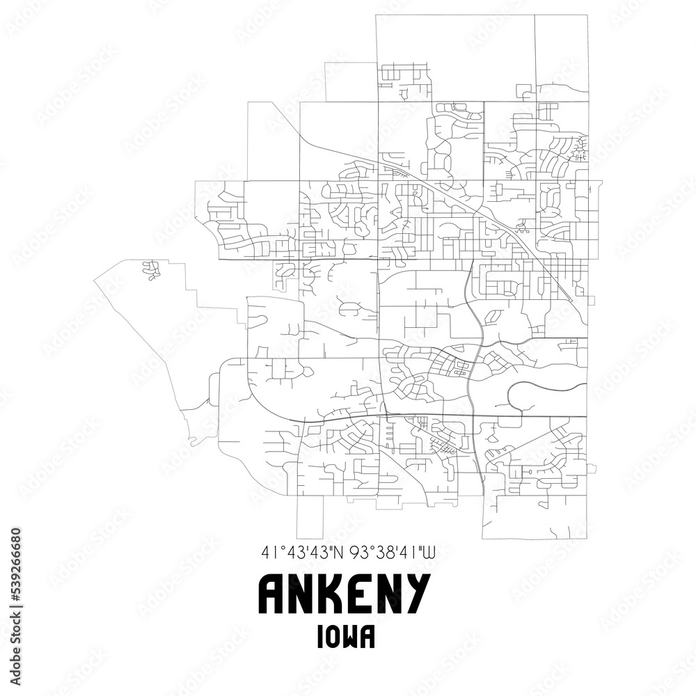 Ankeny Iowa. US street map with black and white lines.
