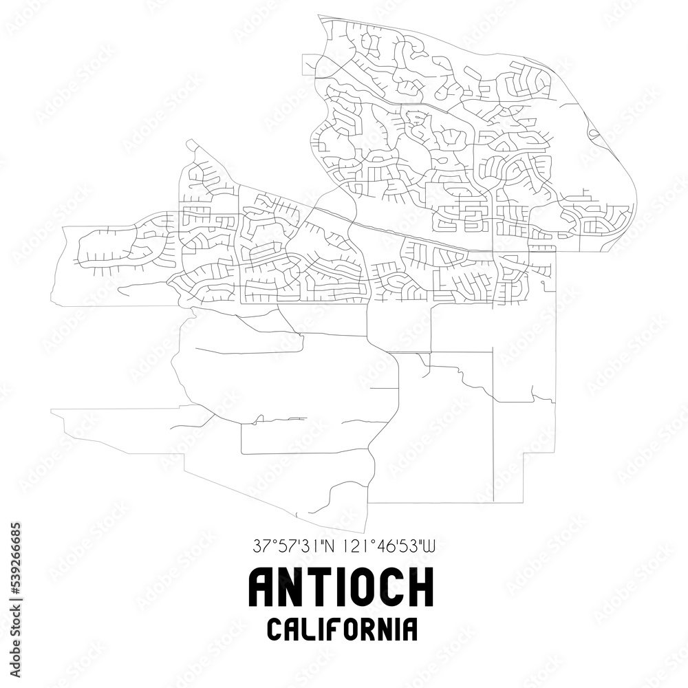 Antioch California. US street map with black and white lines.