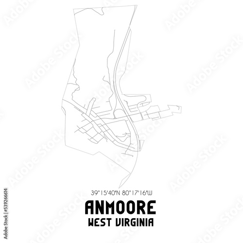 Anmoore West Virginia. US street map with black and white lines.