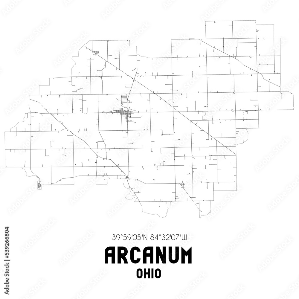 Arcanum Ohio. US street map with black and white lines.
