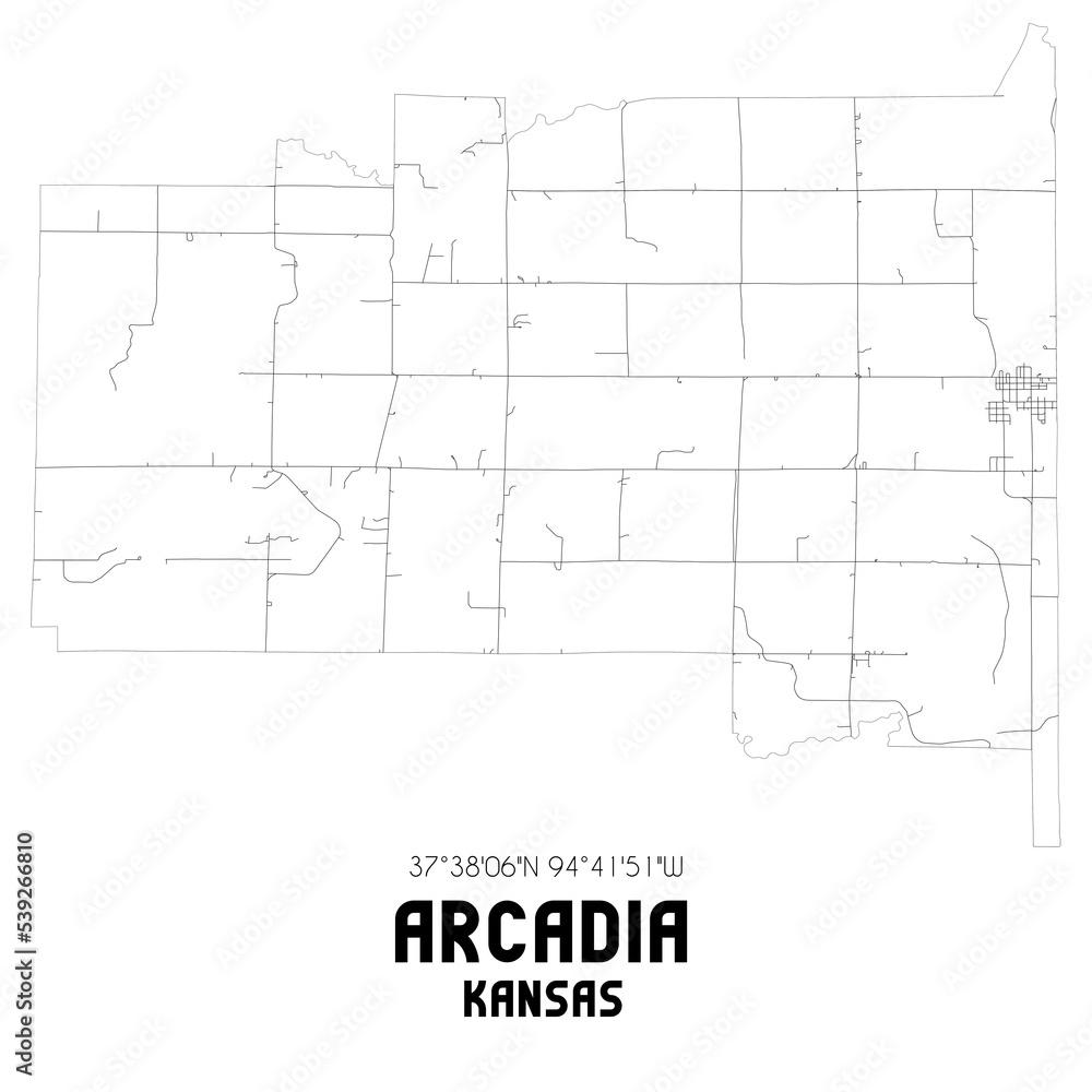 Arcadia Kansas. US street map with black and white lines.