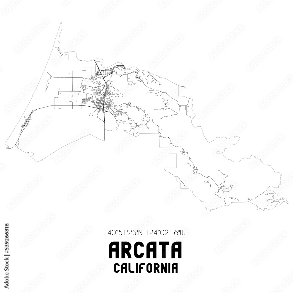 Arcata California. US street map with black and white lines.