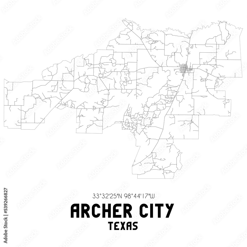 Archer City Texas. US street map with black and white lines.