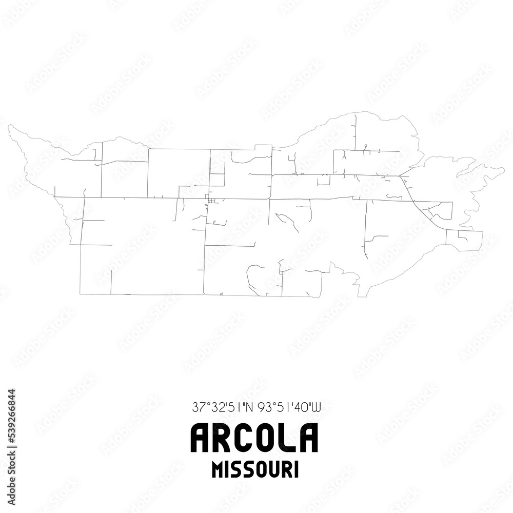 Arcola Missouri. US street map with black and white lines.