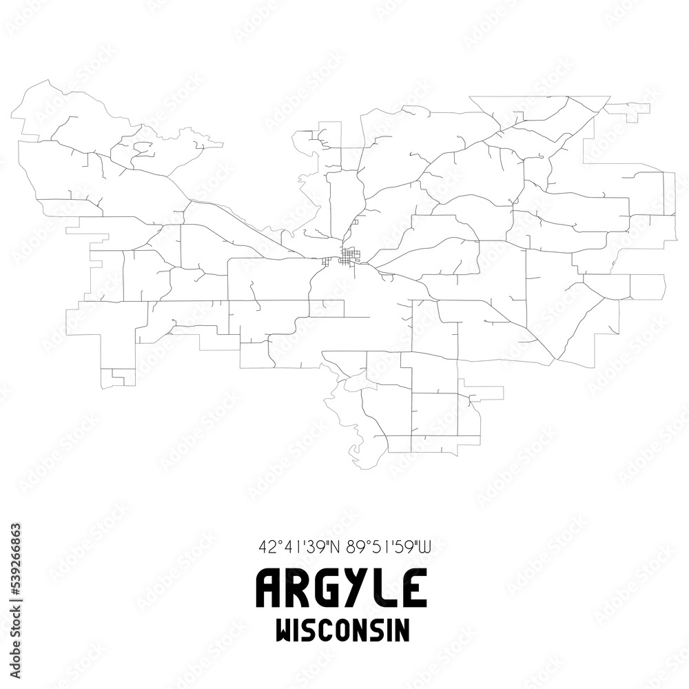 Argyle Wisconsin. US street map with black and white lines.