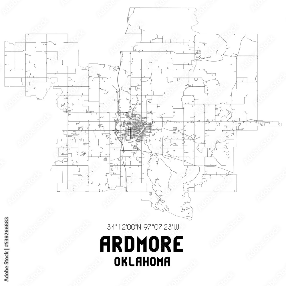 Ardmore Oklahoma. US street map with black and white lines.