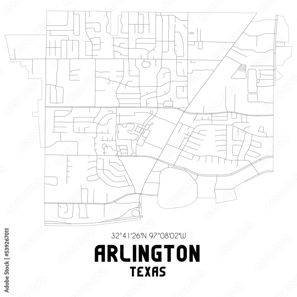 Arlington Texas. US street map with black and white lines.