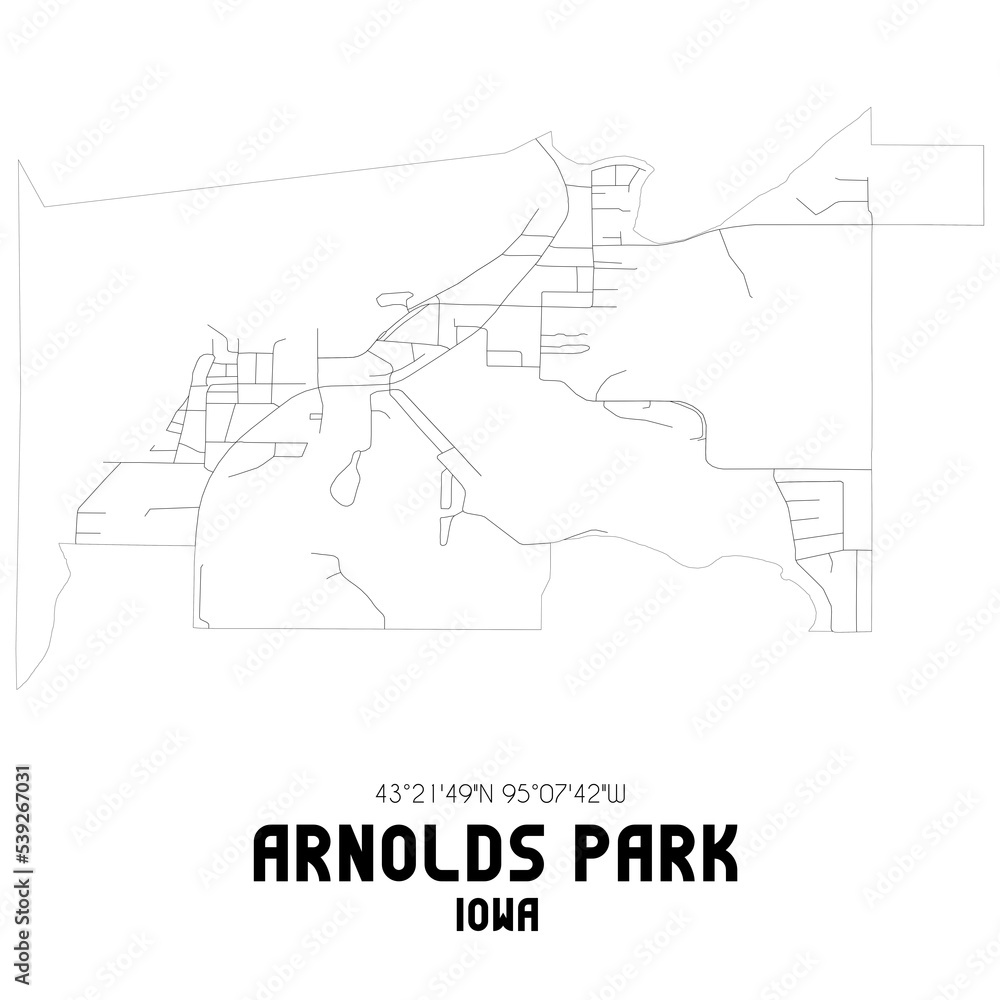 Arnolds Park Iowa. US street map with black and white lines.