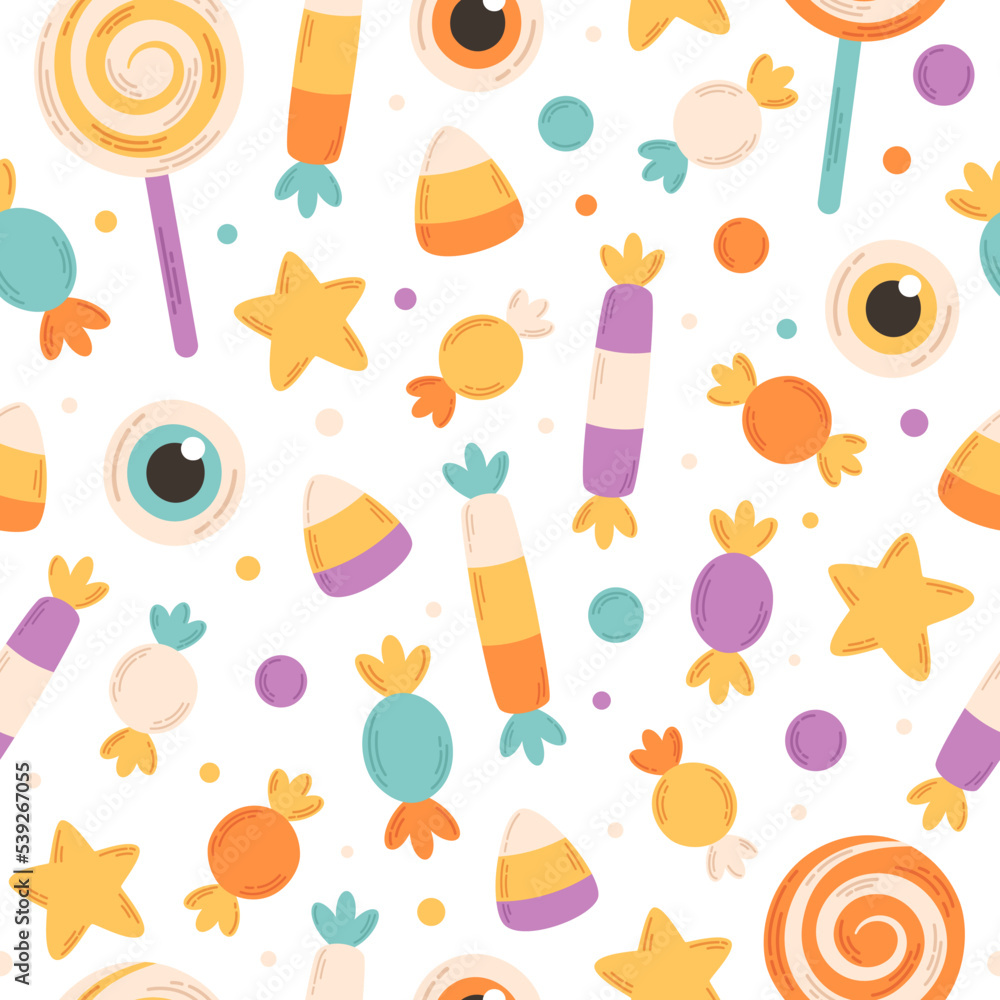 Halloween sweets and candies seamless pattern. Happy Halloween elements. Trick or treat. Flat, hand drawn texture for wallpaper, textile, fabric, paper. Hand drawn vector illustration Halloween sweets and candies seamless pattern. Happy Halloween elements. Trick or treat. Flat, hand drawn texture for wallpaper, textile, fabric, paper. Hand drawn vector illustration