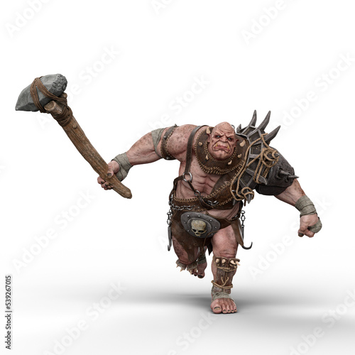 3D rendering of a giant fantasy ogre running in armour and holding a club weapon isolated on a transparent background.