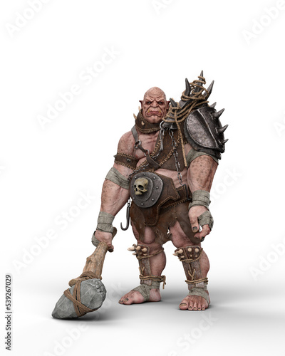 3D rendering of a fantasy ogre character standing wearing armour and holding a large club isolated on a transparent background.