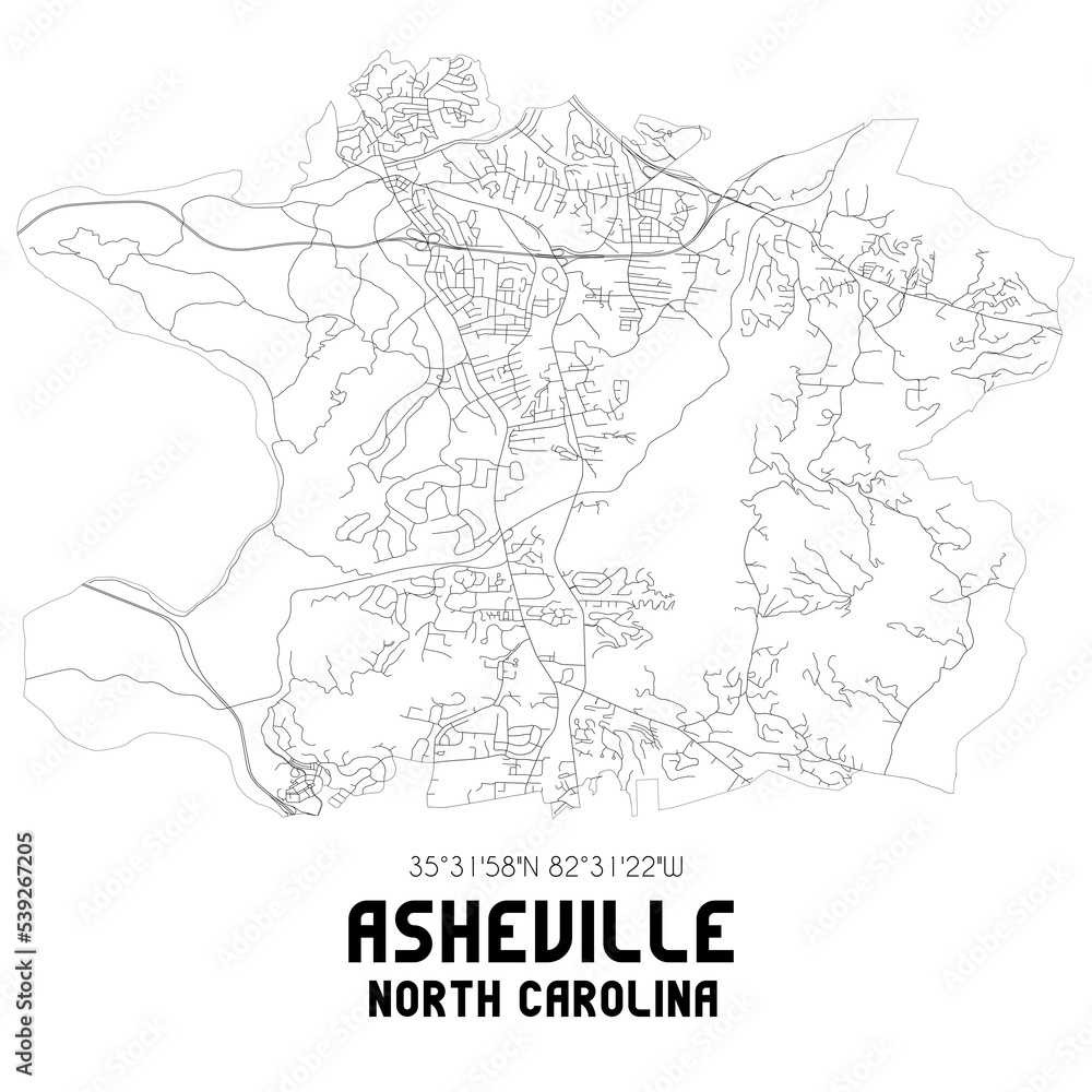 Asheville North Carolina. US street map with black and white lines.