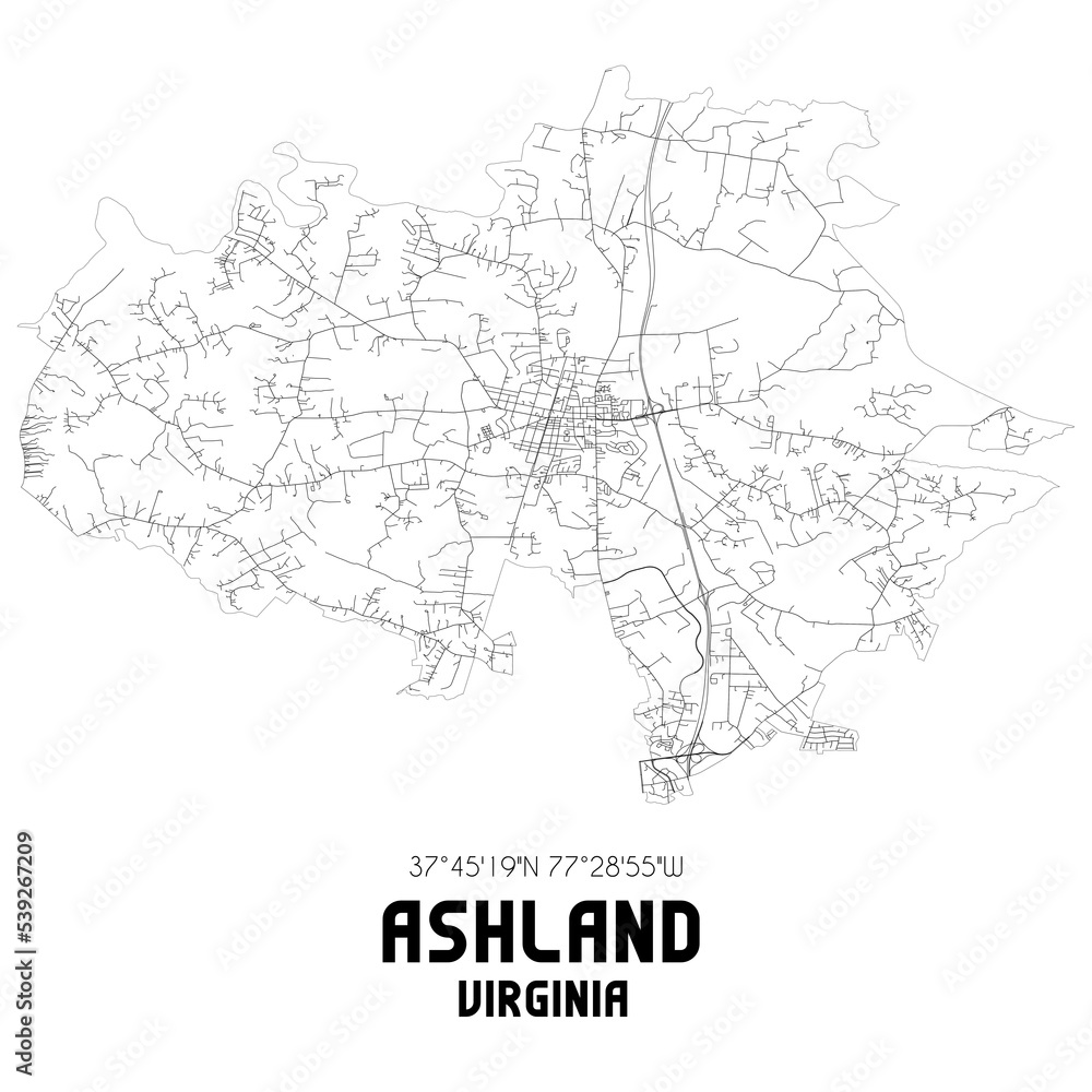 Ashland Virginia. US street map with black and white lines.