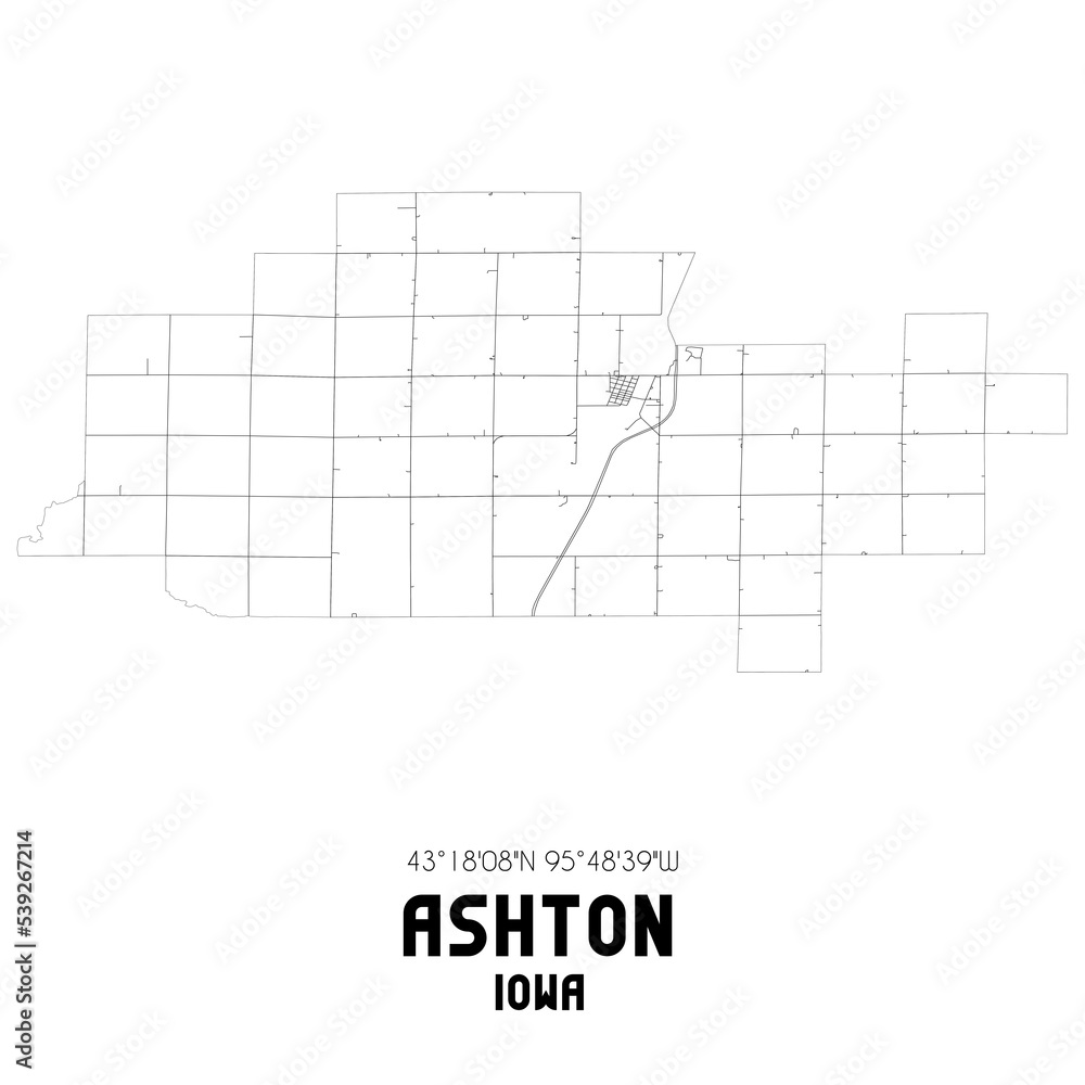 Ashton Iowa. US street map with black and white lines.