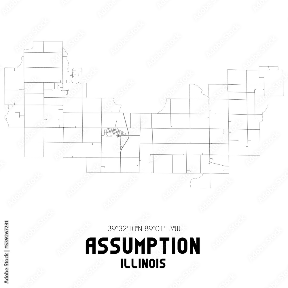 Assumption Illinois. US street map with black and white lines.