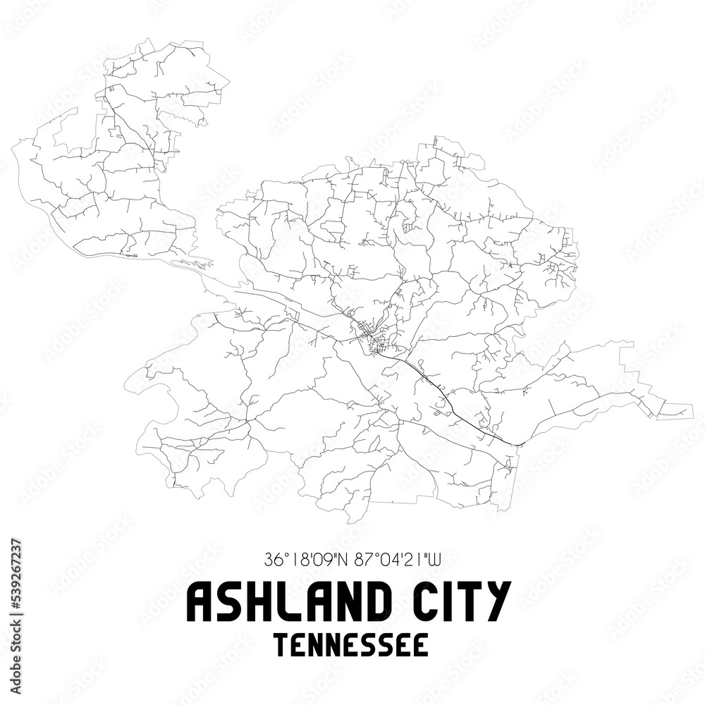Ashland City Tennessee. US street map with black and white lines.