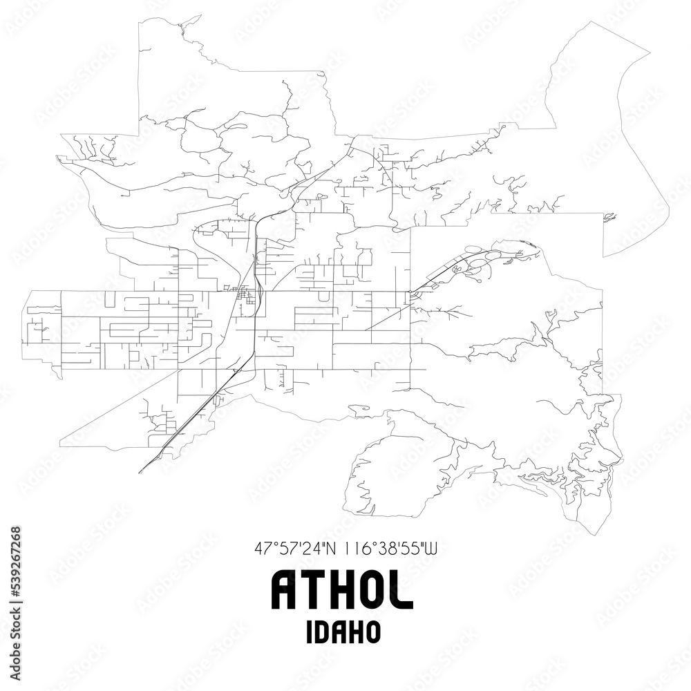Athol Idaho. US street map with black and white lines.