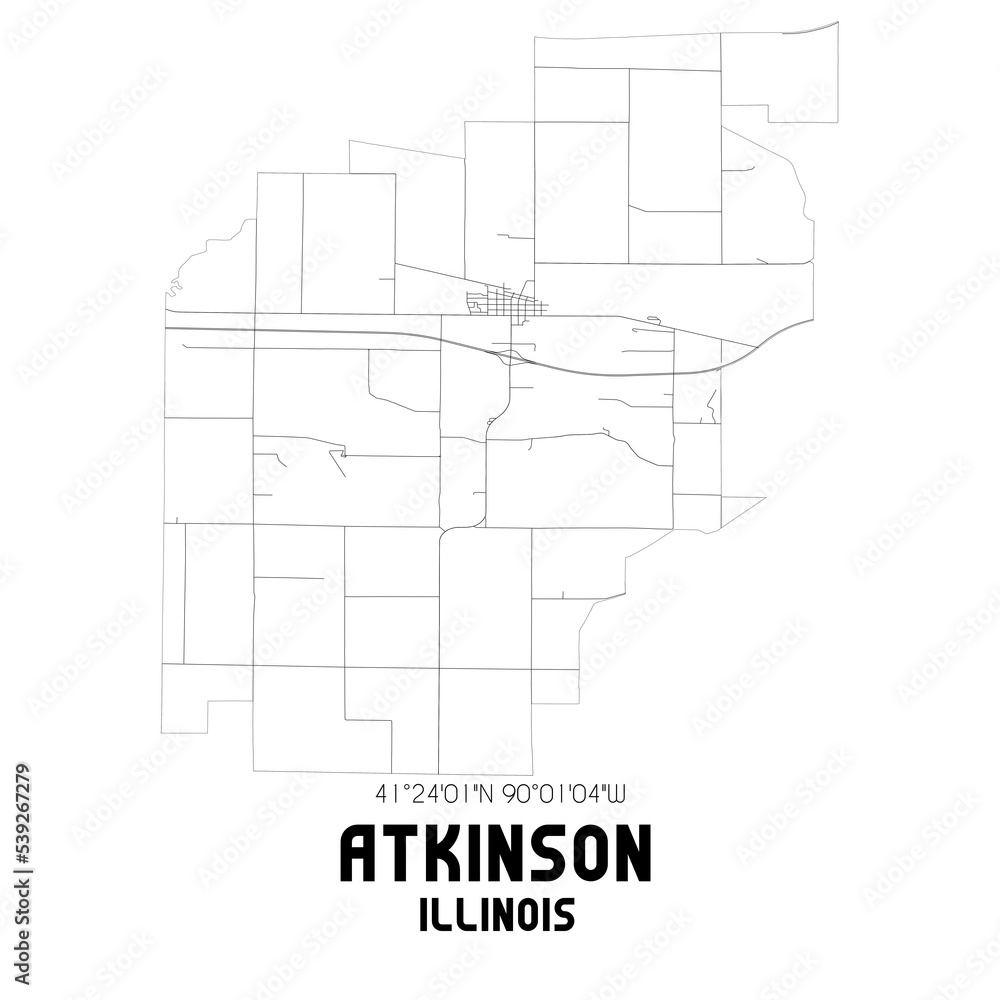 Atkinson Illinois. US street map with black and white lines.