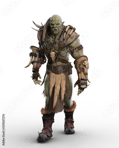 Fantasy warrior Orc character wearing barbarian costume in walking pose. 3D illustration isolated on transparent background.