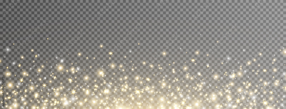 Glitter golden stars and light frame. Sparkle gold bokeh. Twinkle fairy bulb. Shine luxury background. Christmas Holiday glow particle. Magic star effect. Festive party design. Vector illustration