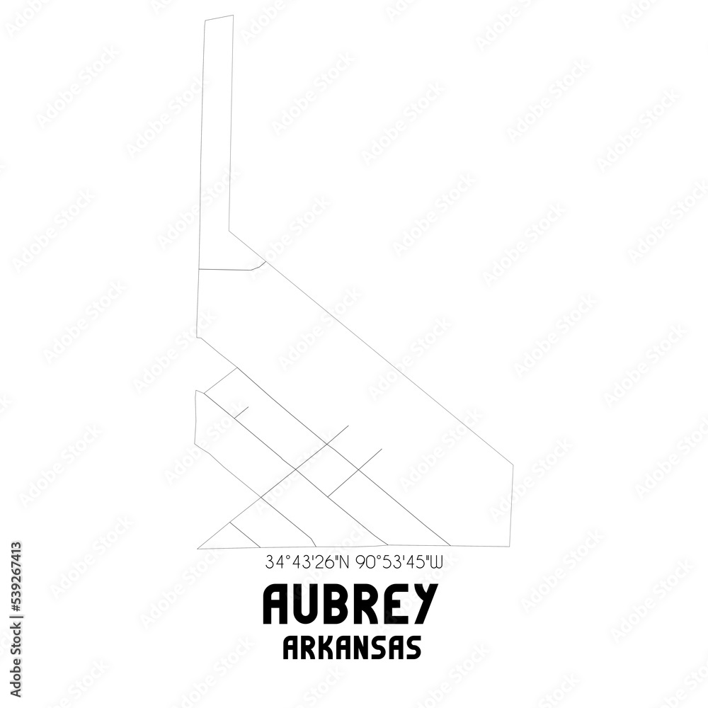 Aubrey Arkansas. US street map with black and white lines. Illustration