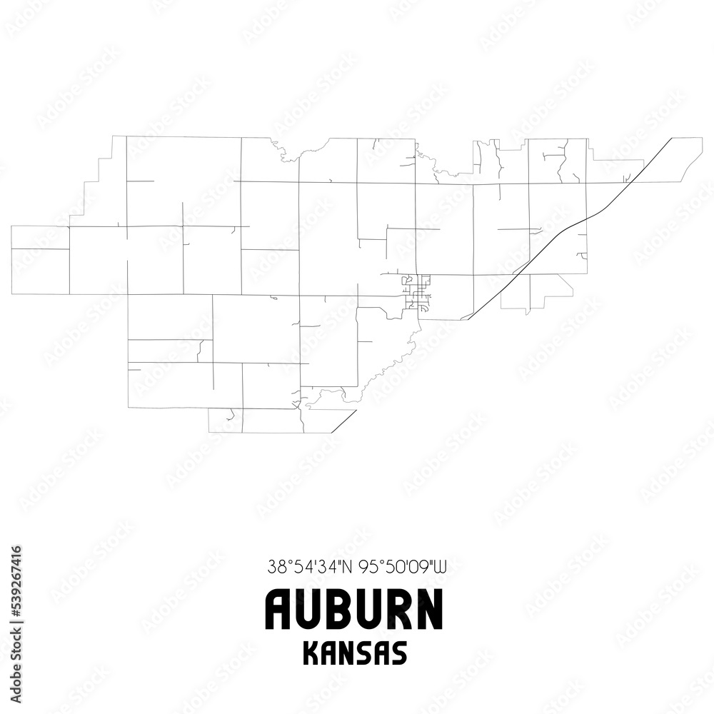 Auburn Kansas. US street map with black and white lines.