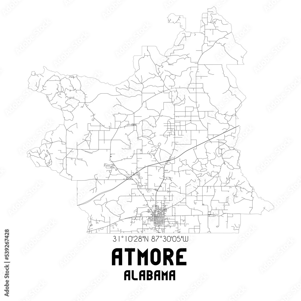 Atmore Alabama. US street map with black and white lines.