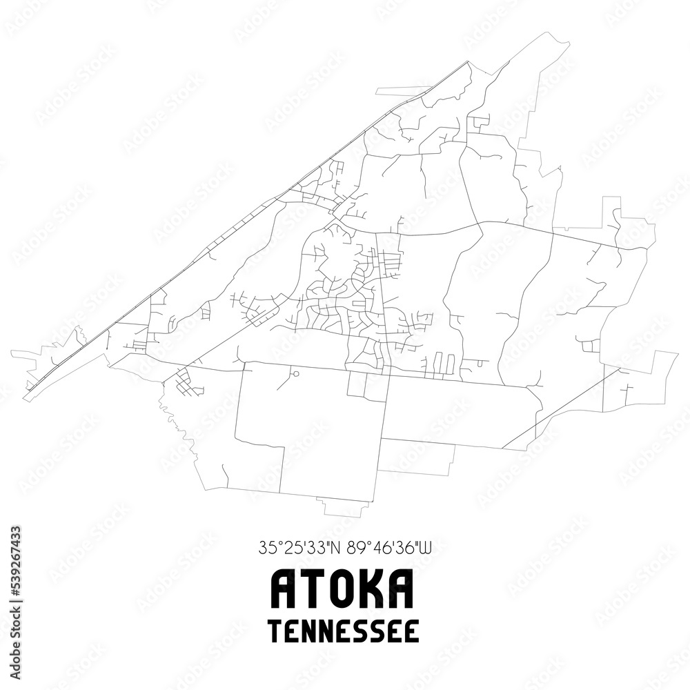 Atoka Tennessee. US street map with black and white lines.