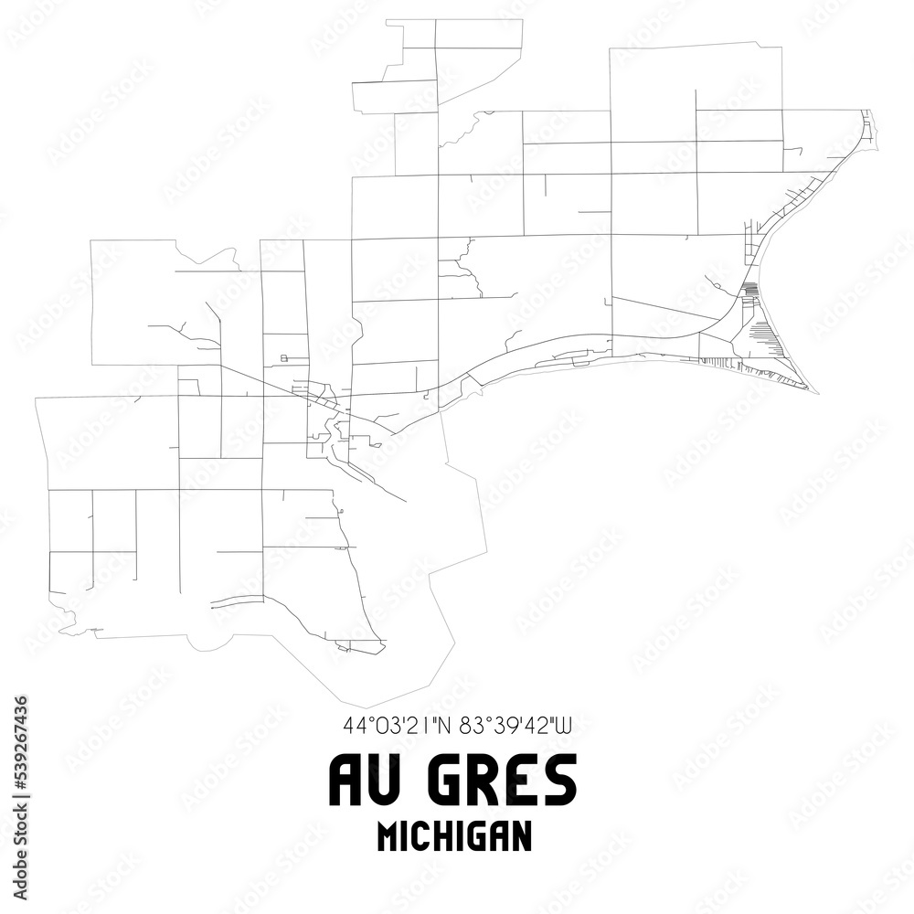 Au Gres Michigan. US street map with black and white lines.