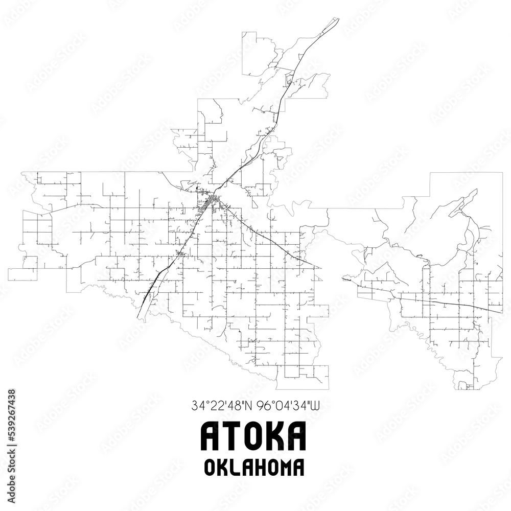 Atoka Oklahoma. US street map with black and white lines.