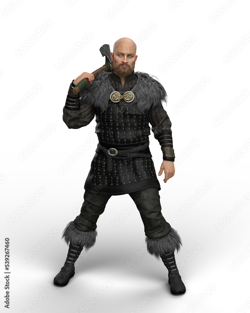 3D rendering of a Viking warrior man standing with axe resting on his shoulder isolated on a transparent background. 3D rendering of a Viking warrior man standing with axe resting on his shoulder isolated on a transparent background.