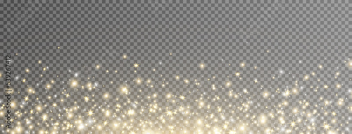 Glitter golden stars and light frame. Sparkle gold bokeh. Twinkle fairy bulb. Shine luxury background. Christmas Holiday glow particle. Magic star effect. Festive party design. Vector illustration