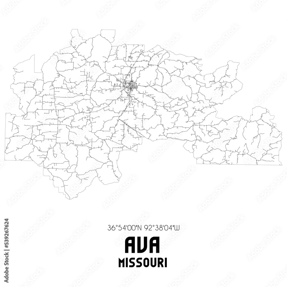 Ava Missouri. US street map with black and white lines.