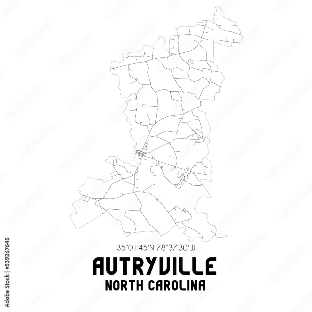 Autryville North Carolina. US street map with black and white lines.