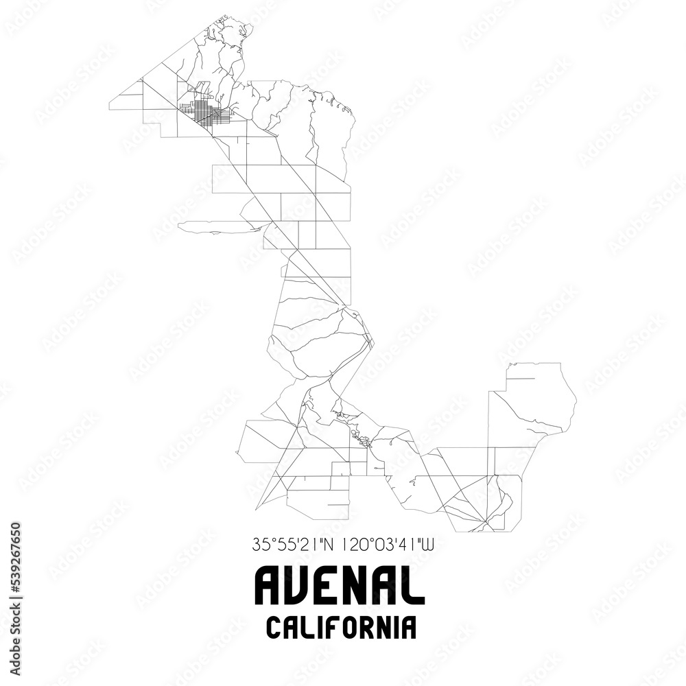 Avenal California. US street map with black and white lines.