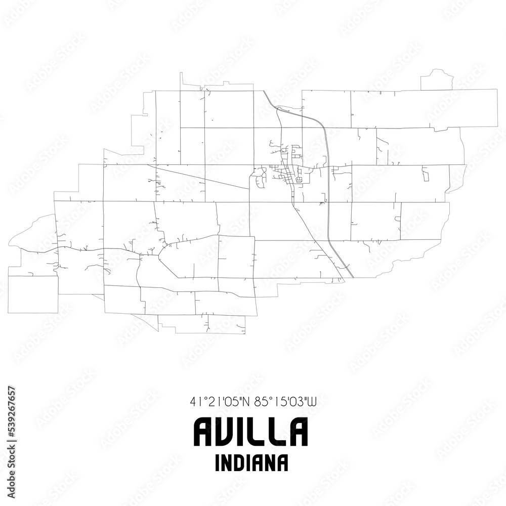 Avilla Indiana. US street map with black and white lines.