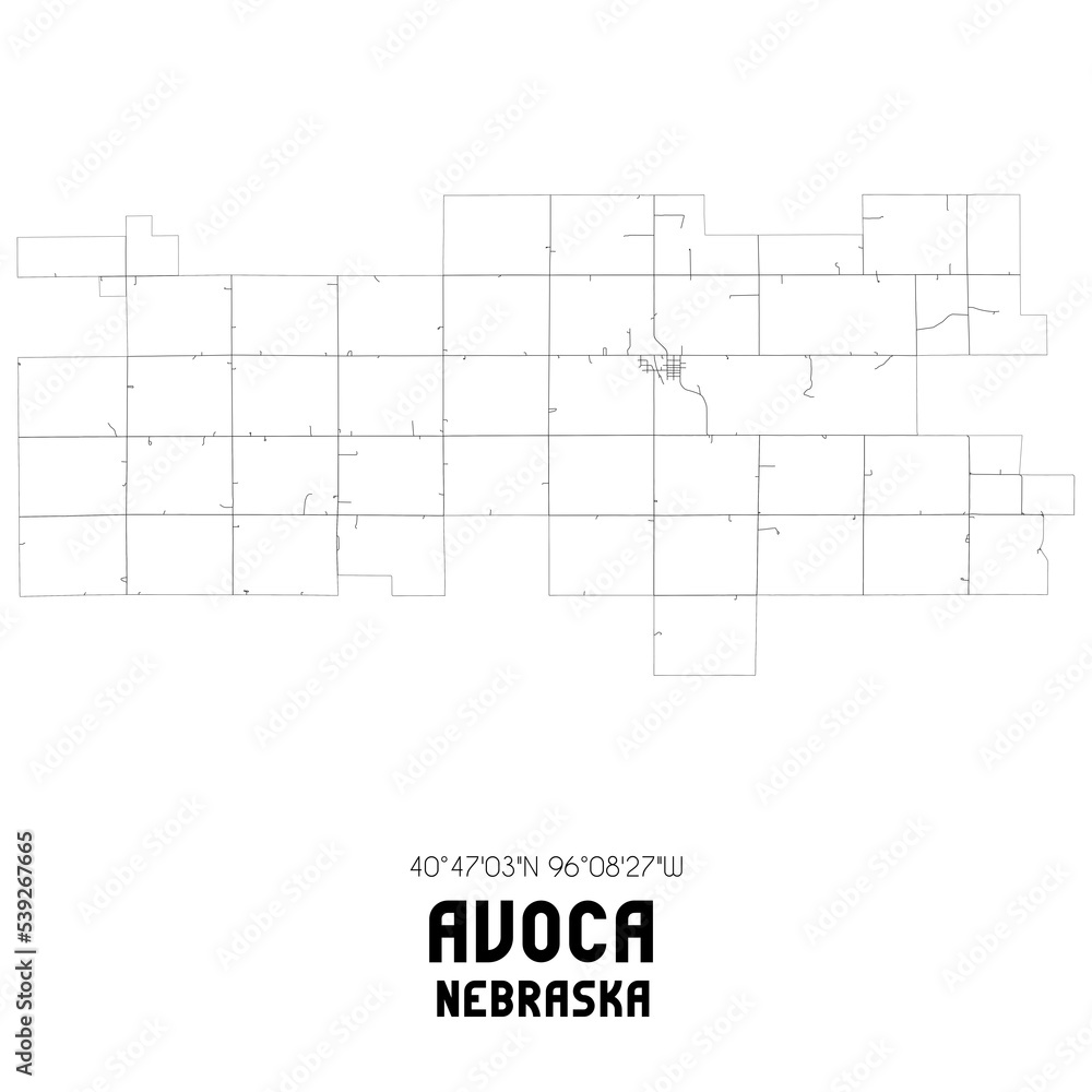 Avoca Nebraska. US street map with black and white lines.