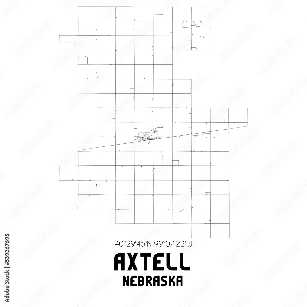 Axtell Nebraska. US street map with black and white lines.
