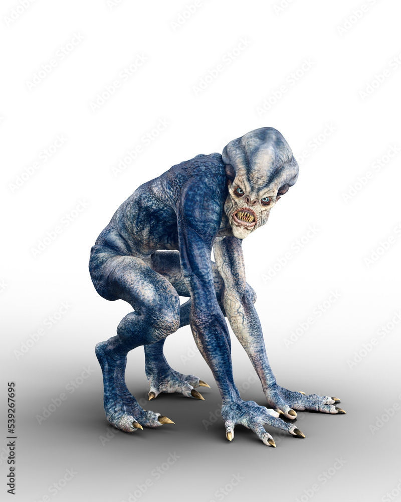 Scary humanoid alien creature with blue grey skin and sharp teeth crouching on all fours. 3D rendering isolated on transparent background.