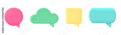 3d speech balloon set. Chat message icon. Color text box. Social media bubble. Comment square banner. Dialog frame. Speak tag. Cloud quite sign. Business communication. Talk idea. Vector illustration
