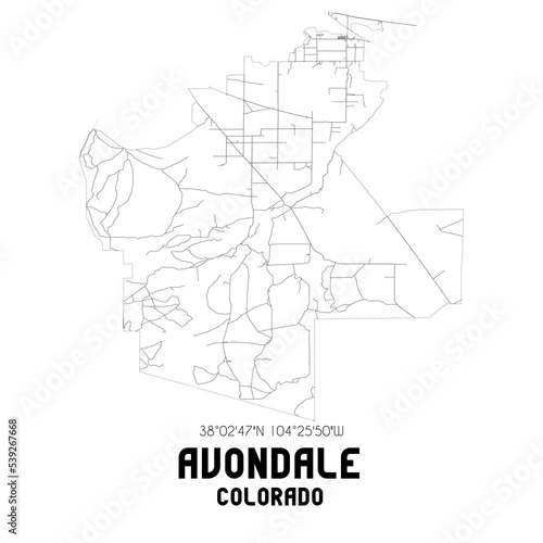 Avondale Colorado. US street map with black and white lines.