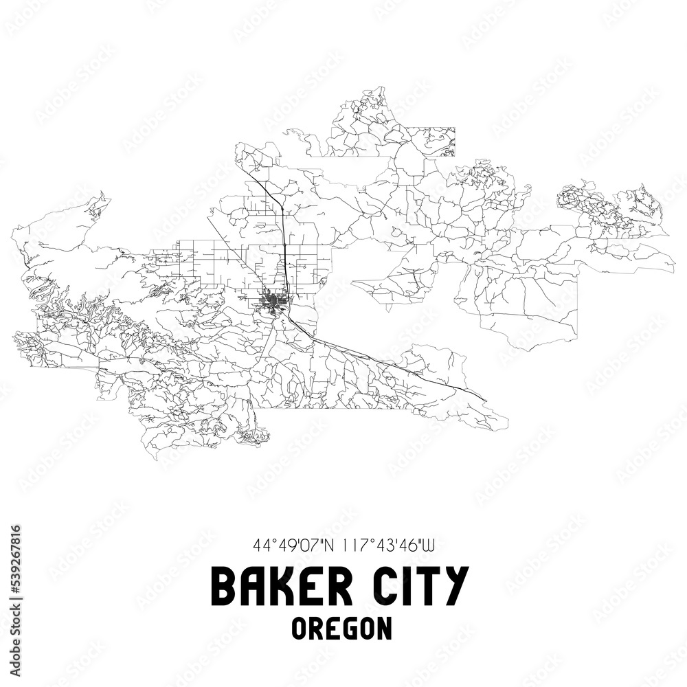 Baker City Oregon. US street map with black and white lines.