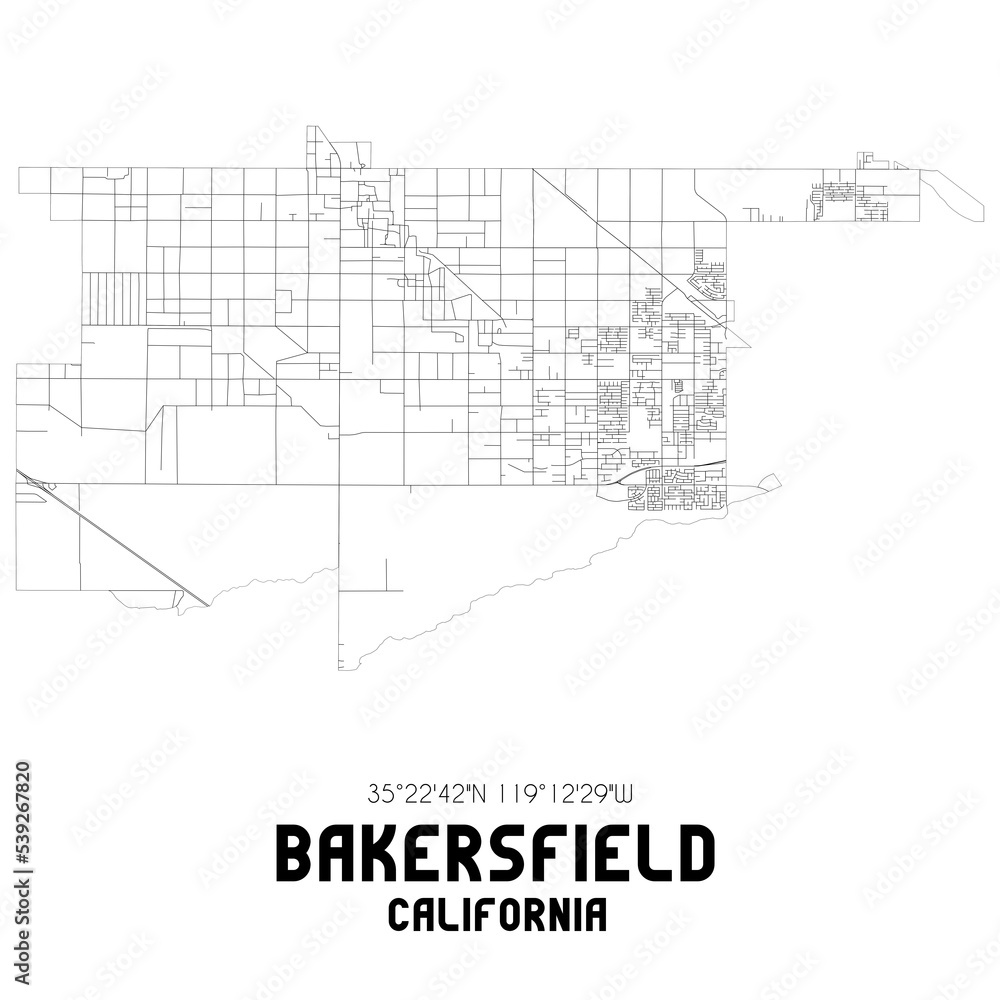 Bakersfield California. US street map with black and white lines.