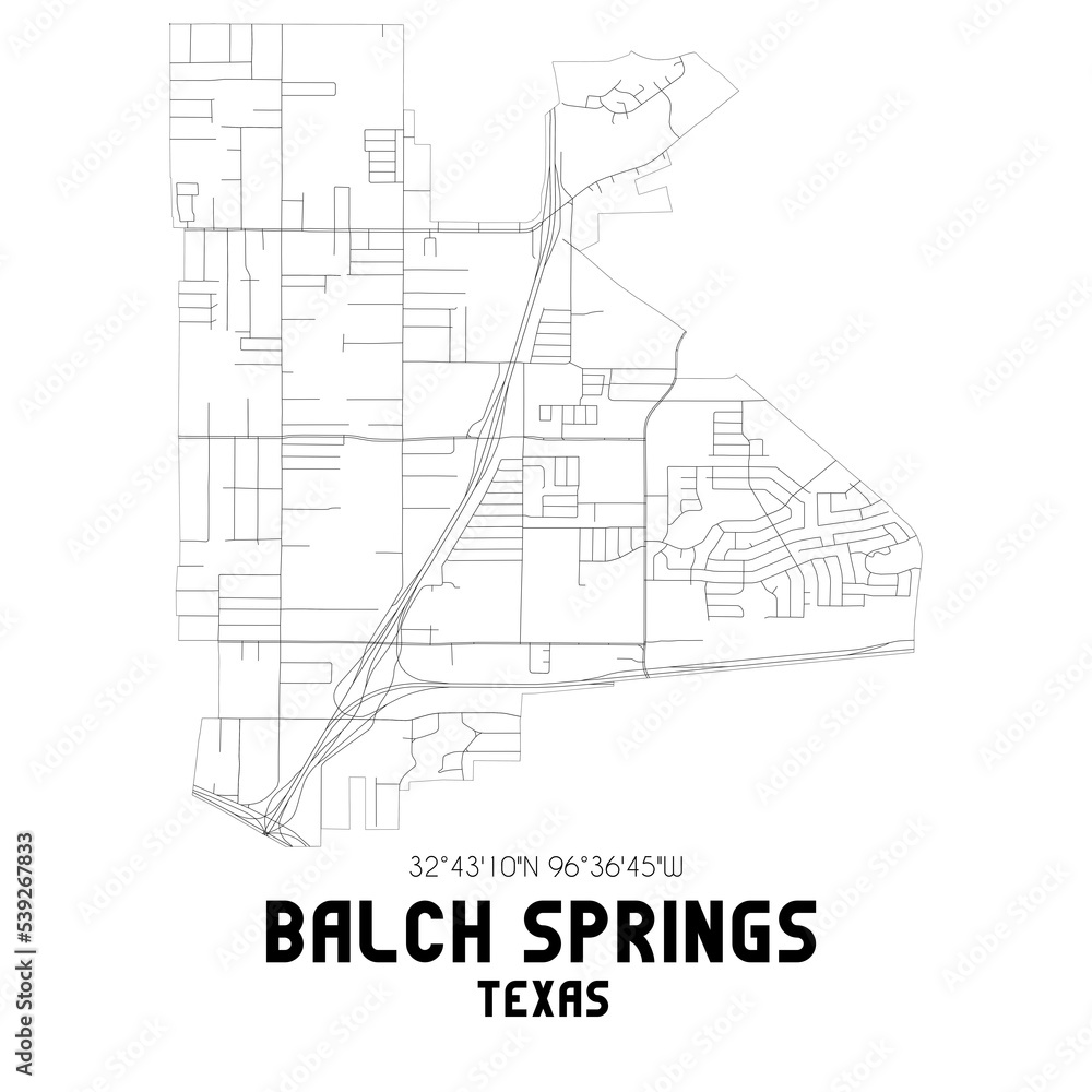 Balch Springs Texas. US street map with black and white lines.