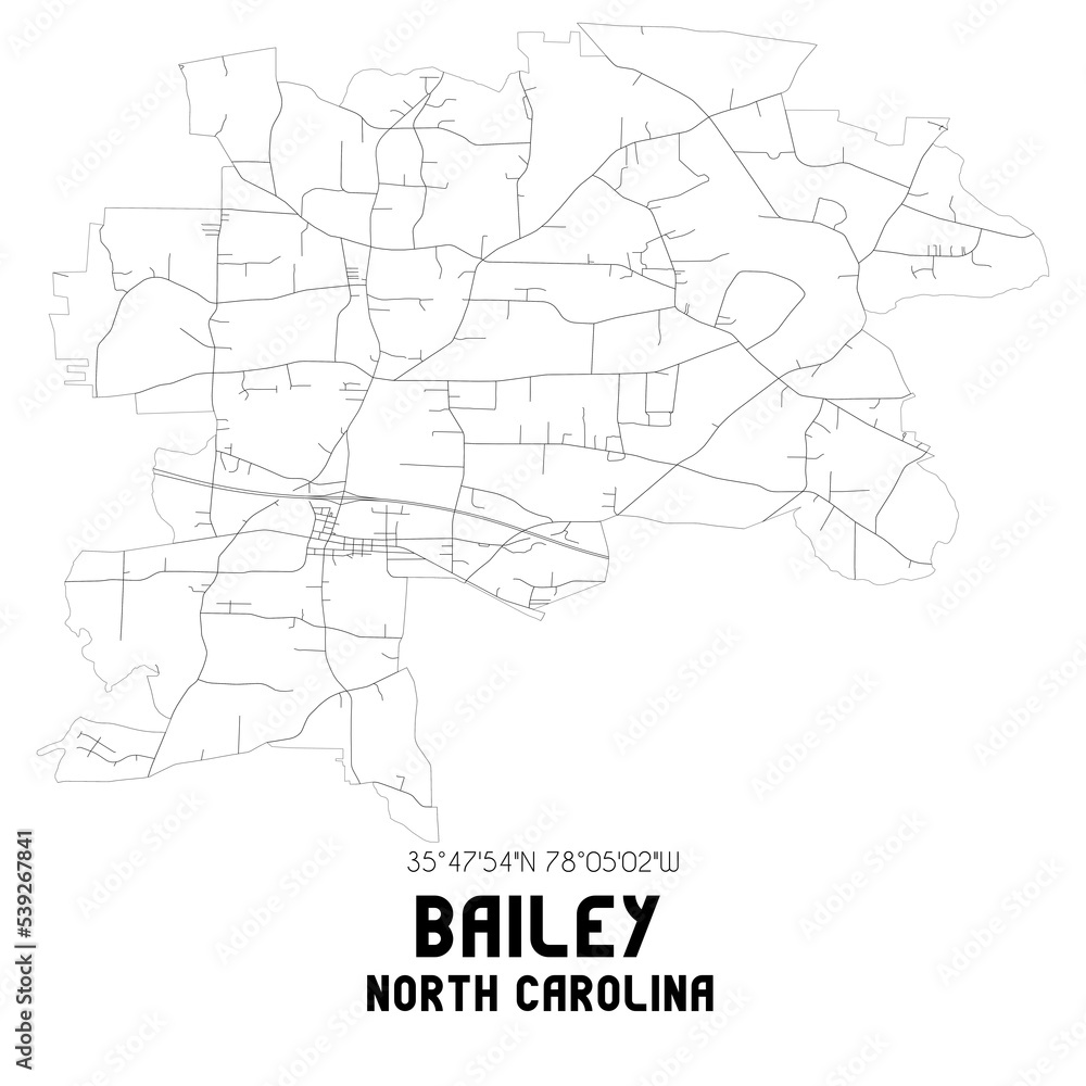 Bailey North Carolina. US street map with black and white lines.