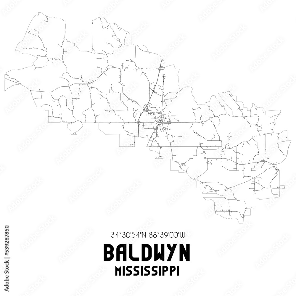 Baldwyn Mississippi. US street map with black and white lines.