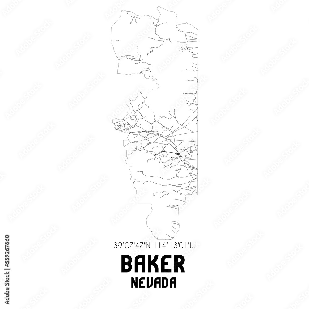 Baker Nevada. US street map with black and white lines.