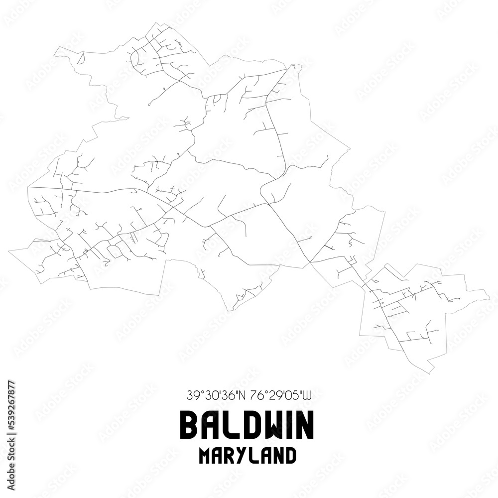 Baldwin Maryland. US street map with black and white lines.